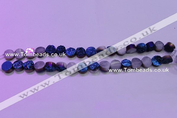 CAG8346 7.5 inches 12mm coin blue plated druzy agate beads