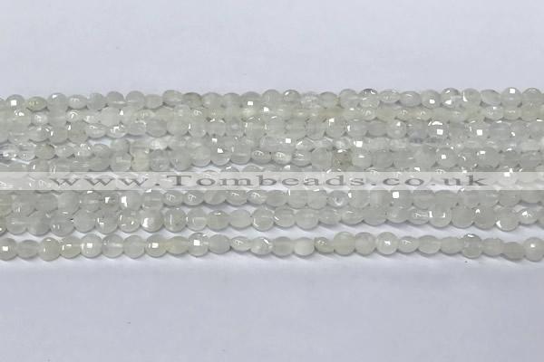 CCB1366 15 inches 4mm faceted coin white moonstone beads