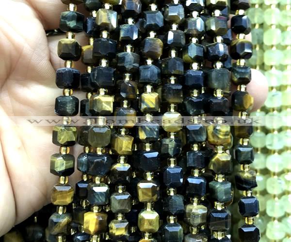 CCU1368 15 inches 6mm - 7mm faceted cube yellow & blue tiger eye beads