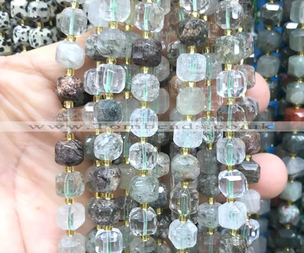 CCU1460 15 inches 8mm - 9mm faceted cube green phantom quartz beads