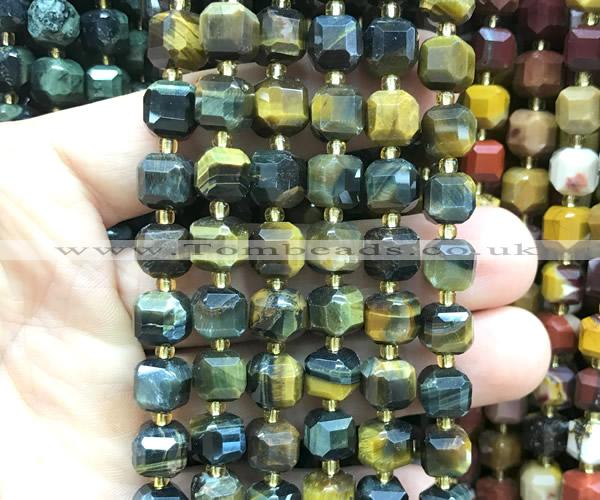 CCU1470 15 inches 8mm - 9mm faceted cube yellow & blue tiger eye beads