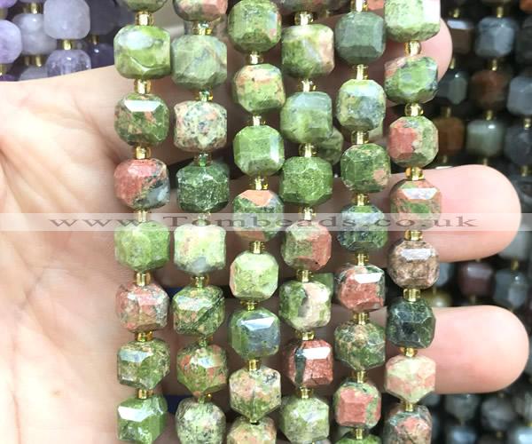 CCU1537 15 inches 8mm - 9mm faceted cube unakite gemstone beads