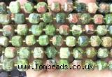 CCU1537 15 inches 8mm - 9mm faceted cube unakite gemstone beads