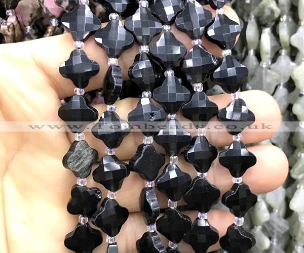 CFG1809 15 inches 12mm four leaf clover black agate beads