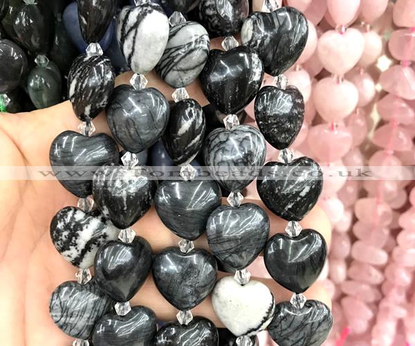 CHG215 15 inches 20mm heart black water jasper beads wholesale