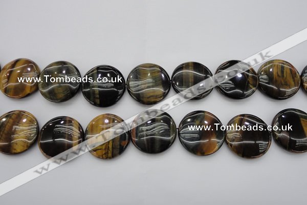 CTE1352 15.5 inches 30mm flat round yellow & blue tiger eye beads