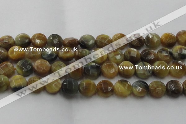 CTE1577 15.5 inches 18mm faceted coin golden & blue tiger eye beads