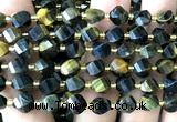 CTW568 8mm faceted & twisted S-shaped yellow & blue tiger eye beads