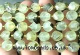 CTW657 10mm faceted & twisted S-shaped green rutilated quartz beads