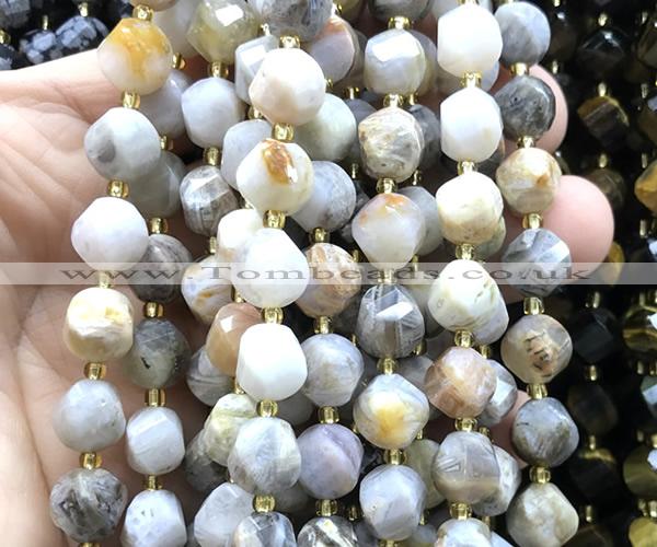 CTW681 10mm faceted & twisted S-shaped bamboo leaf agate beads