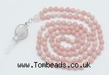 GMN1553 Knotted 8mm, 10mm Chinese pink opal 108 beads mala necklace with pendant