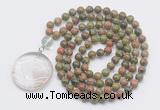 GMN4625 Hand-knotted 8mm, 10mm unakite 108 beads mala necklace with pendant