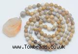 GMN4636 Hand-knotted 8mm, 10mm fossil coral 108 beads mala necklace with pendant