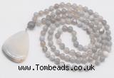 GMN4665 Hand-knotted 8mm, 10mm grey banded agate 108 beads mala necklace with pendant