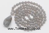 GMN4825 Hand-knotted 8mm, 10mm grey agate 108 beads mala necklace with pendant