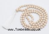 GMN815 Hand-knotted 8mm, 10mm white fossil jasper 108 beads mala necklace with tassel