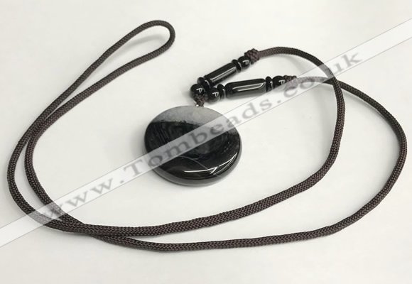 NGP5663 Agate flat round pendant with nylon cord necklace